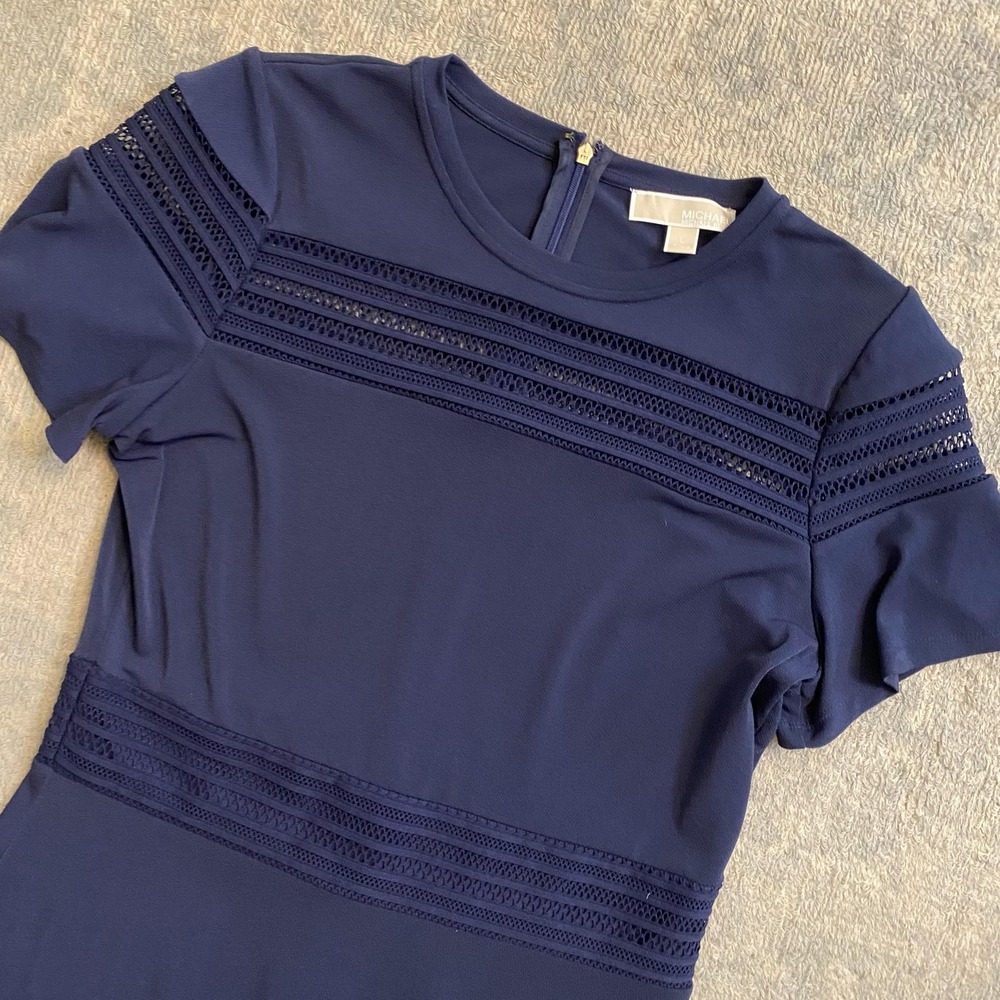 Michael Michael Kors Dress Womens Large Navy Lace Trim Ruffle Hem Short Sleeve - Picture 2 of 10